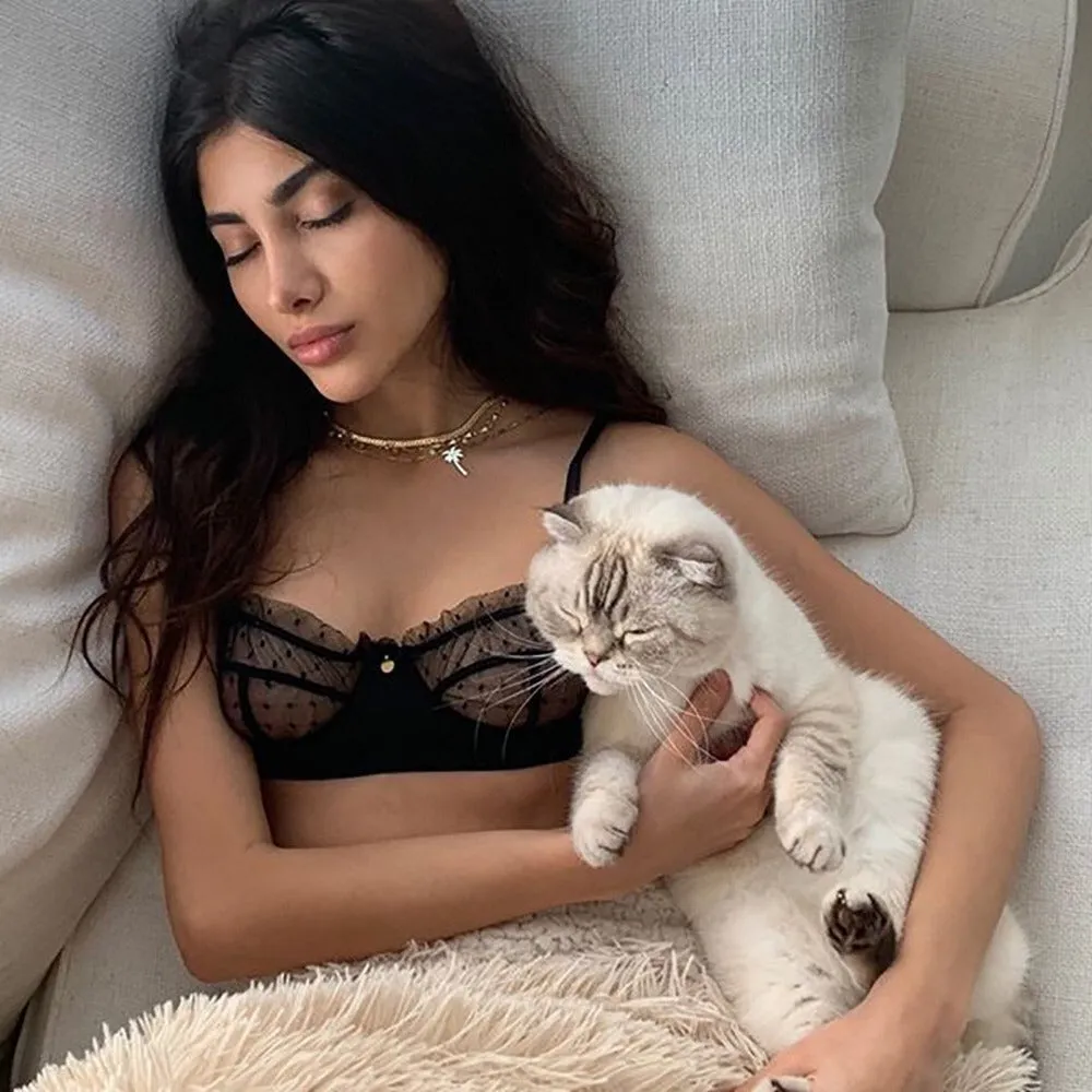 Black Polka Dotted See Through Bralette Set