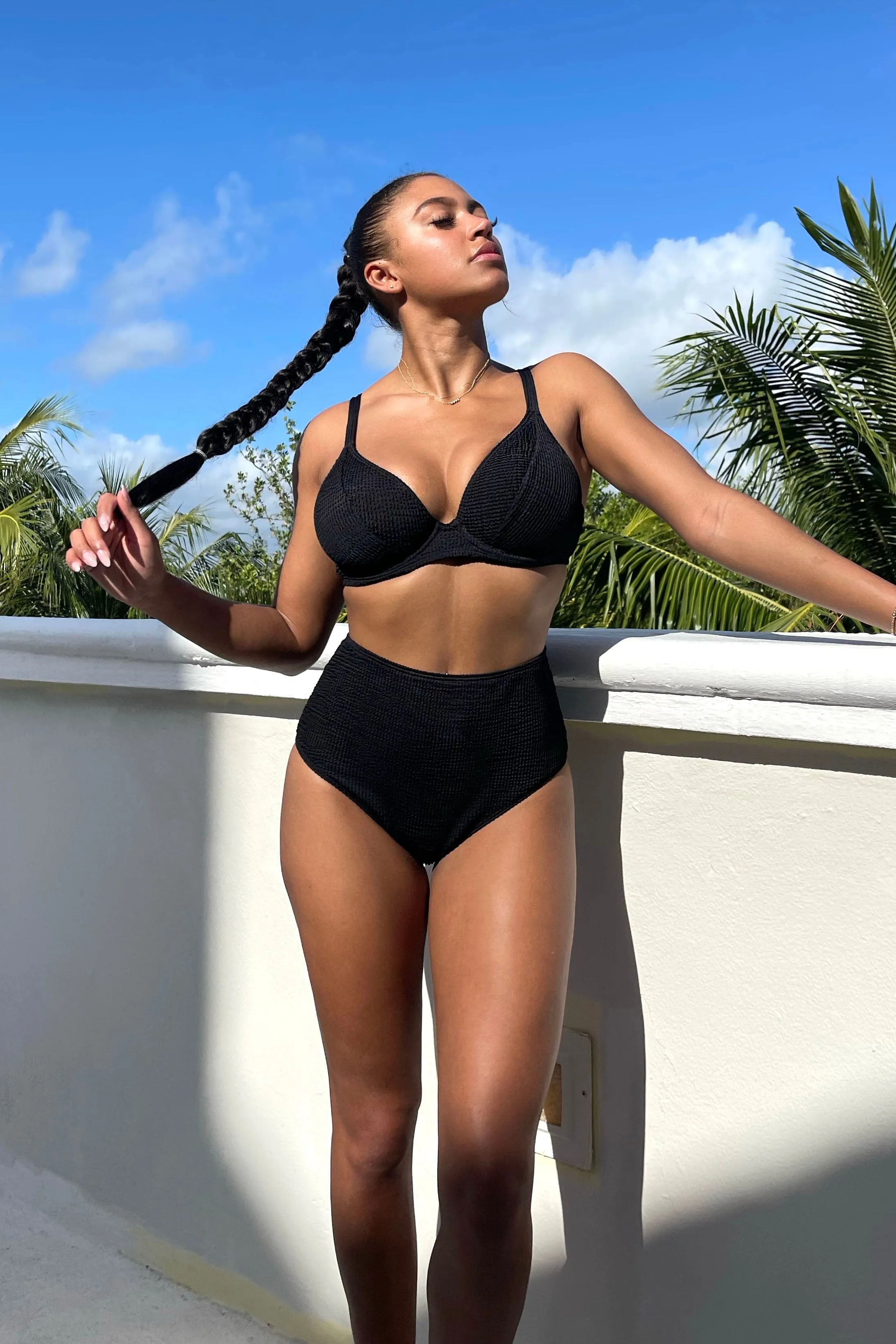 Black Textured High Waisted Bikini Bottom