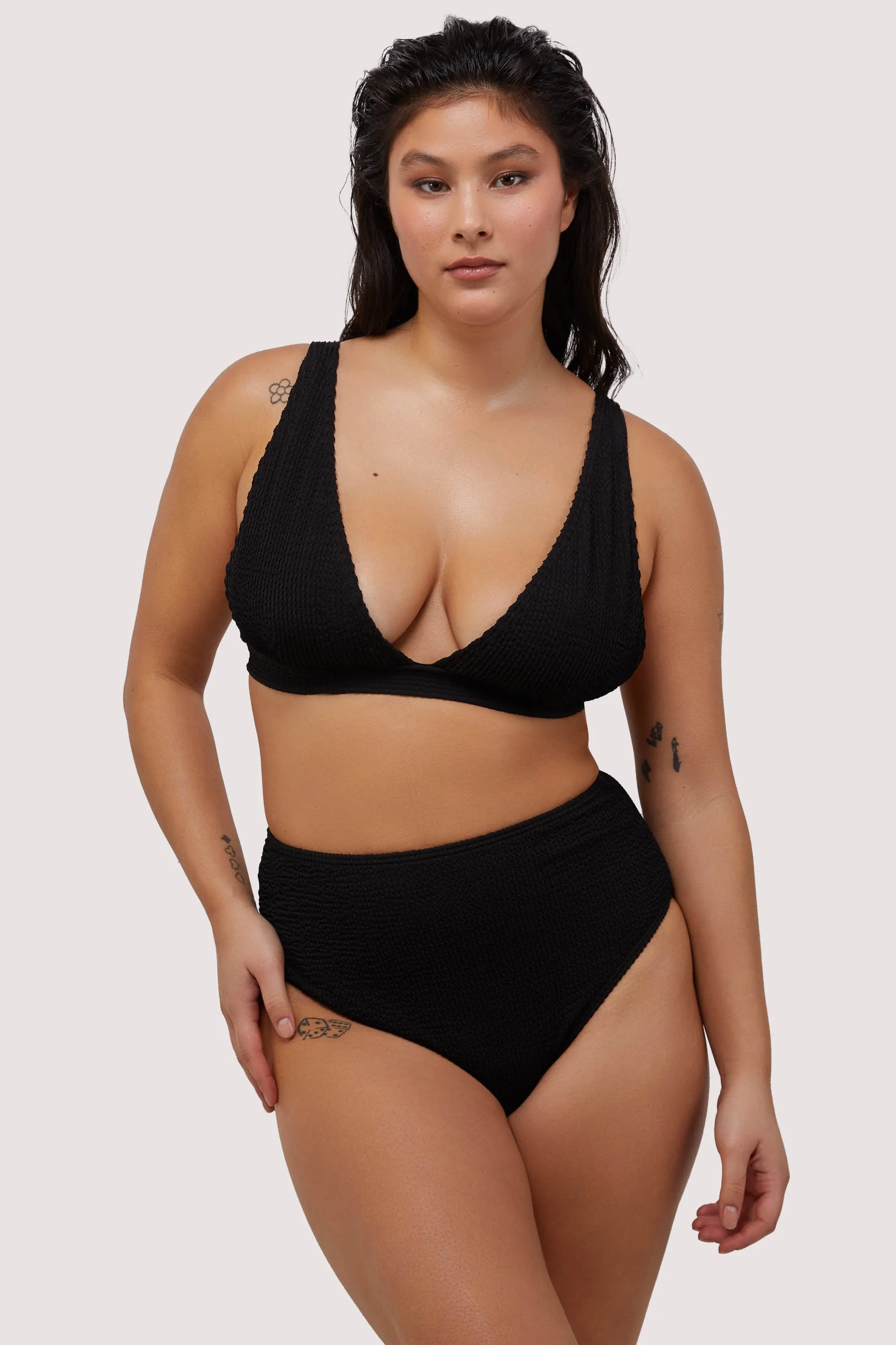 Black Textured Non Wired Plunge Bikini Top Fuller Bust Exclusive
