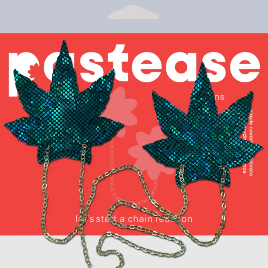 Chains: Shattered Glass Disco Ball Green Weed with Gold Chain Nipple Pasties