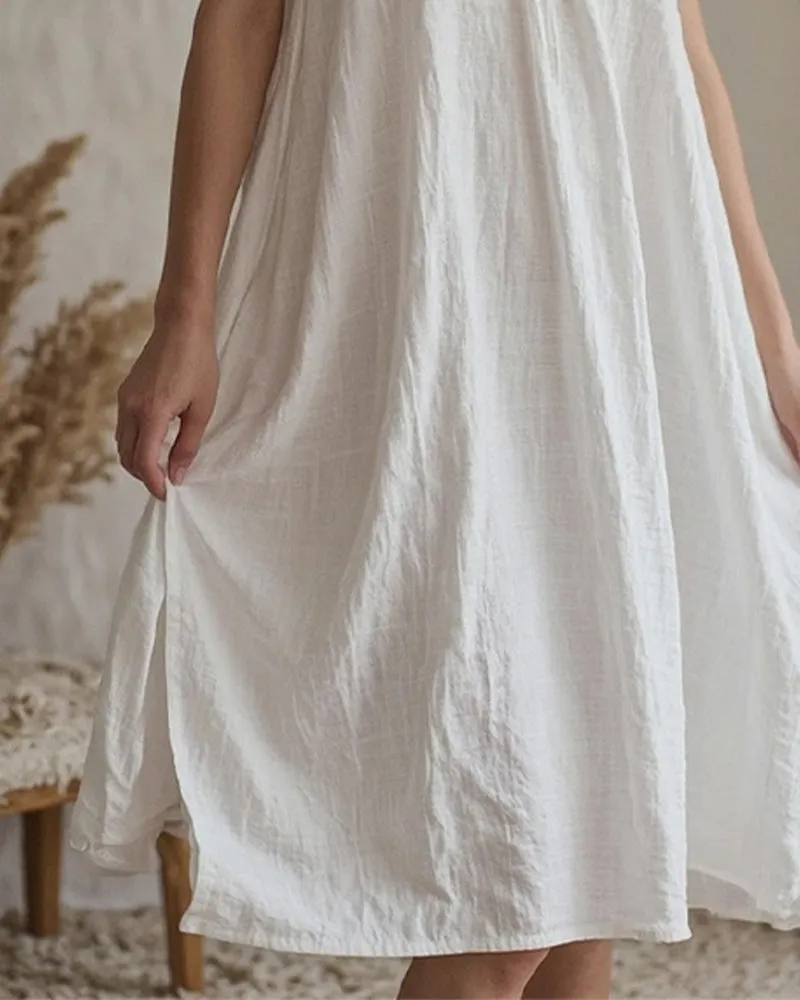 Cotton Linen Straps Lace Slit Nightdress