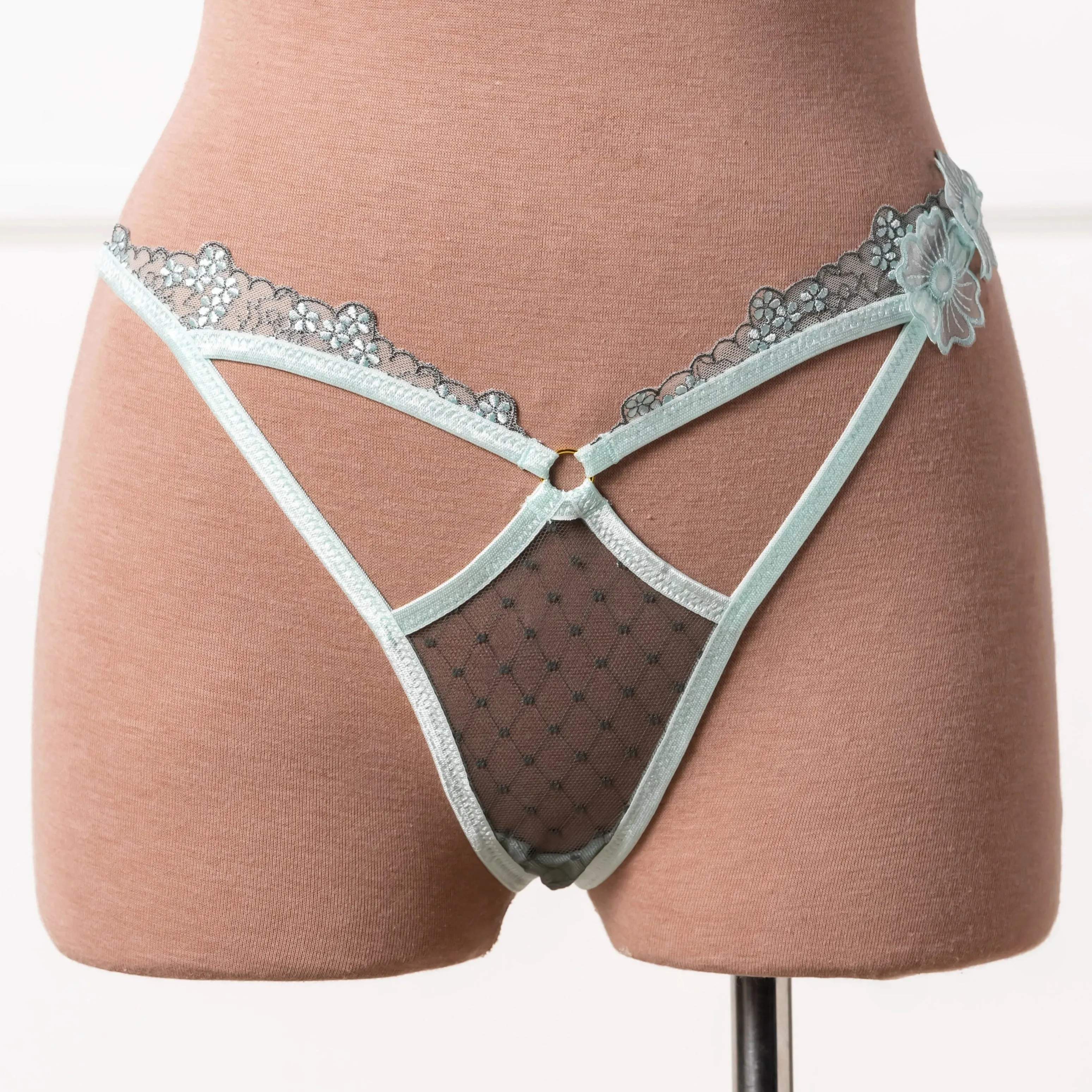 Embroidered Appliqué Cut Out Thong - Mint Julep