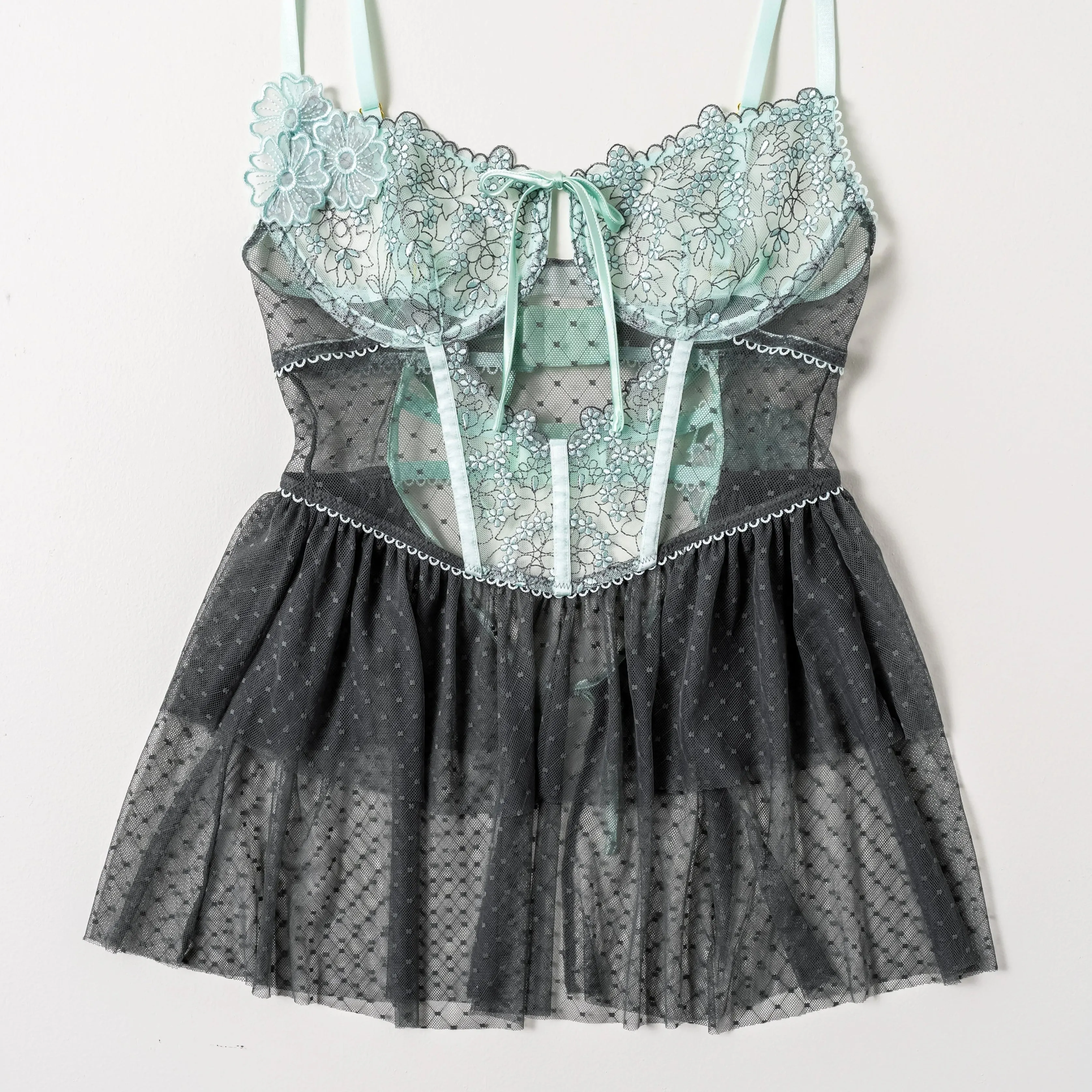 Embroidered Bustier Tiered Babydoll - Mint Julep