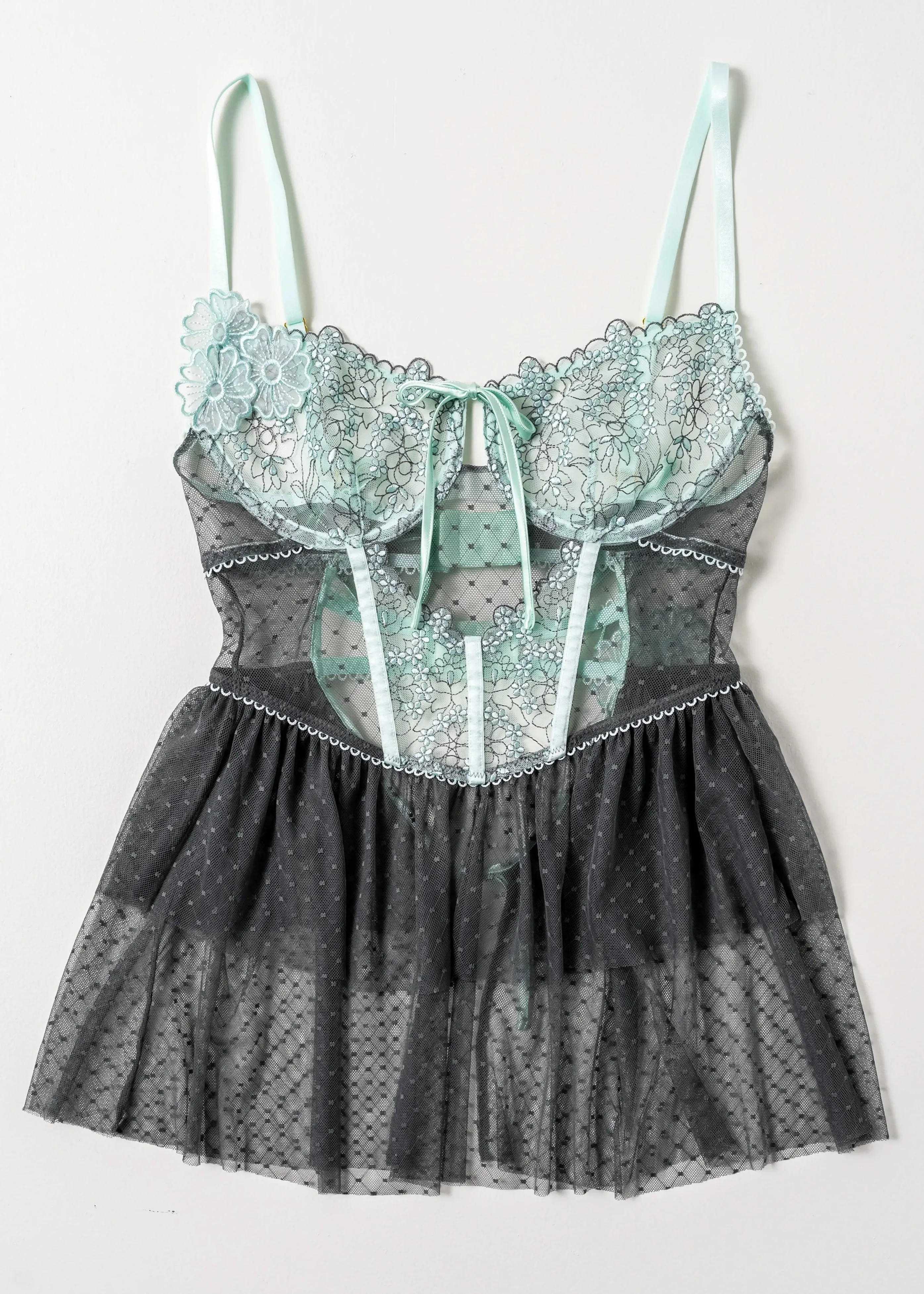 Embroidered Bustier Tiered Babydoll - Mint Julep