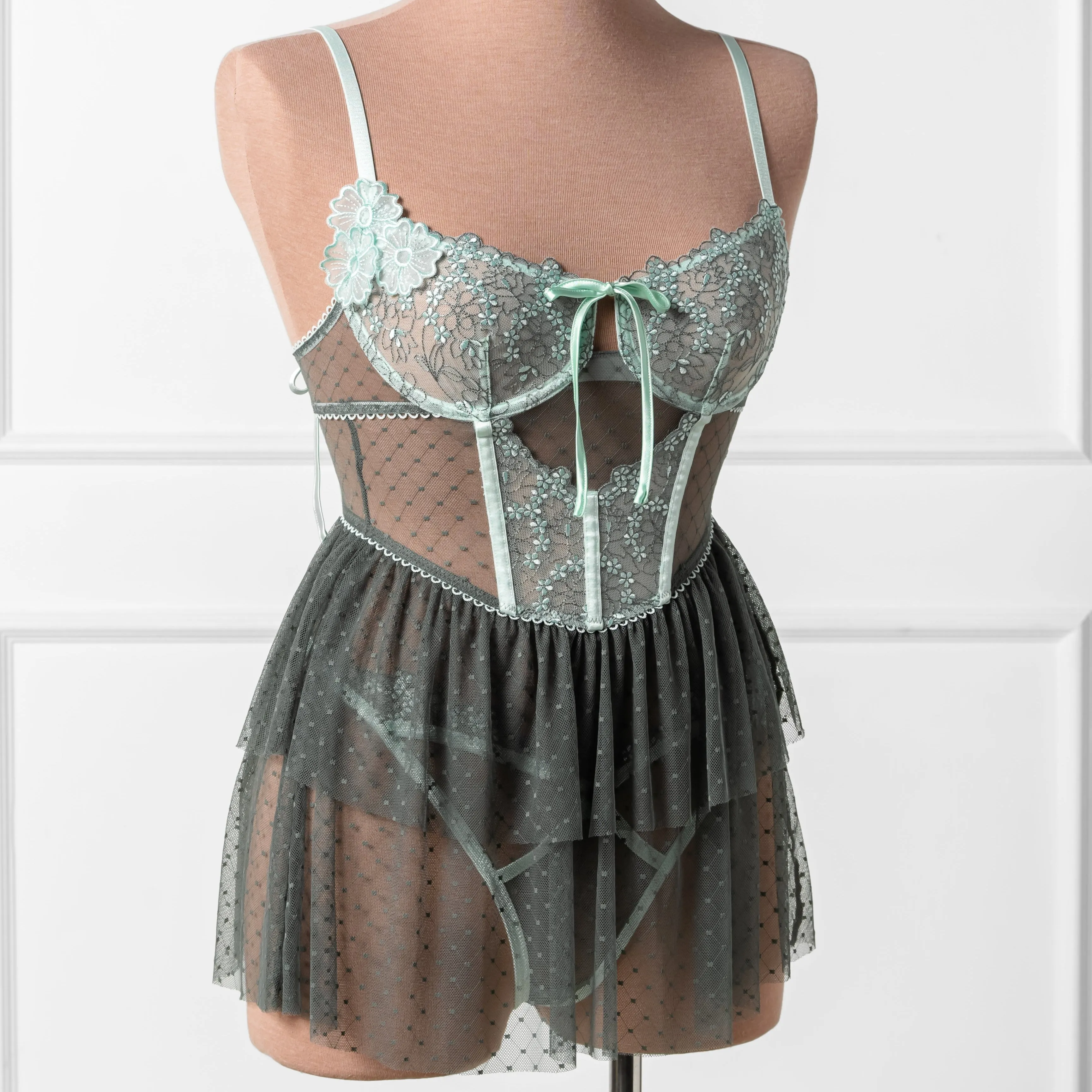 Embroidered Bustier Tiered Babydoll - Mint Julep