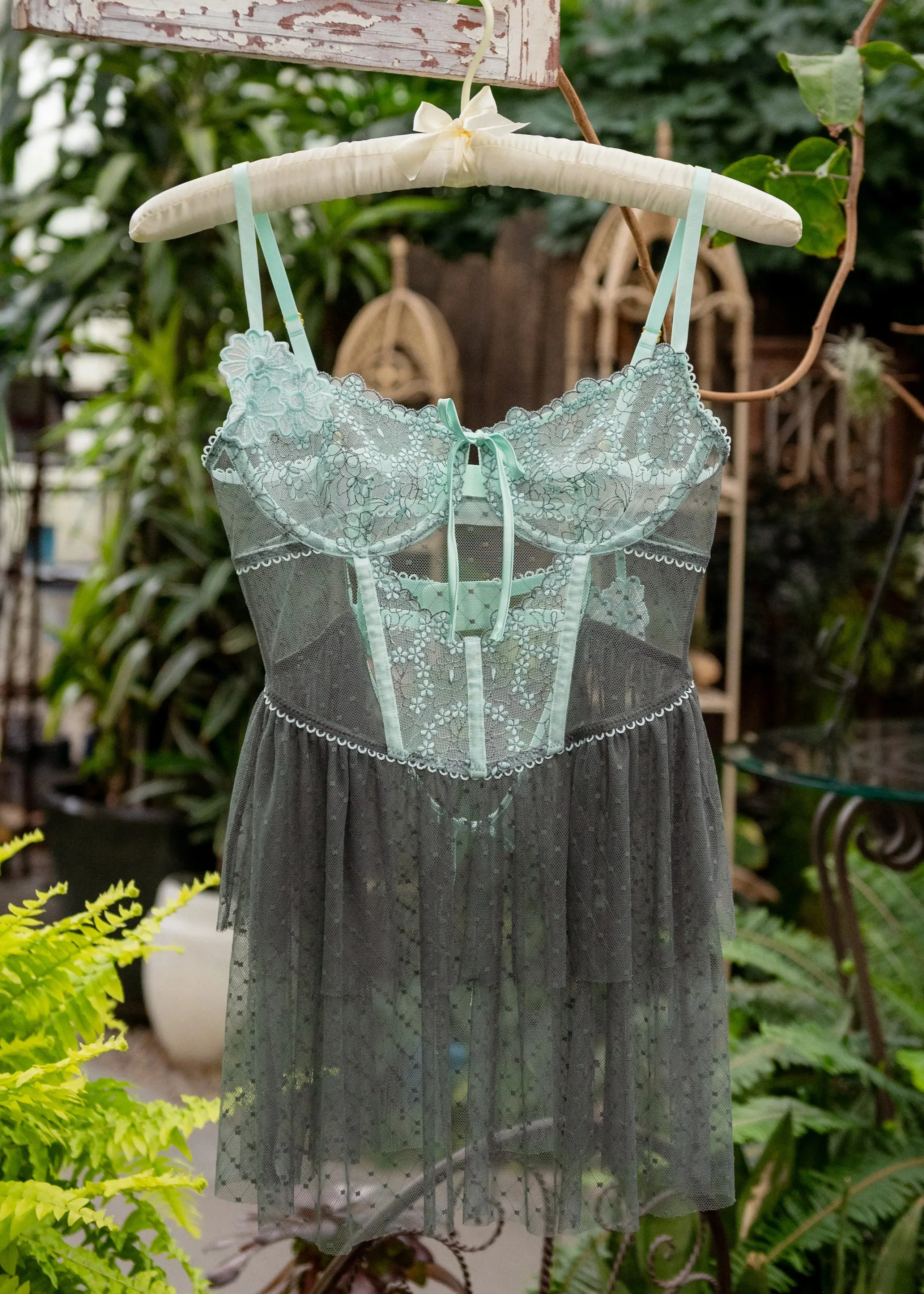 Embroidered Bustier Tiered Babydoll - Mint Julep