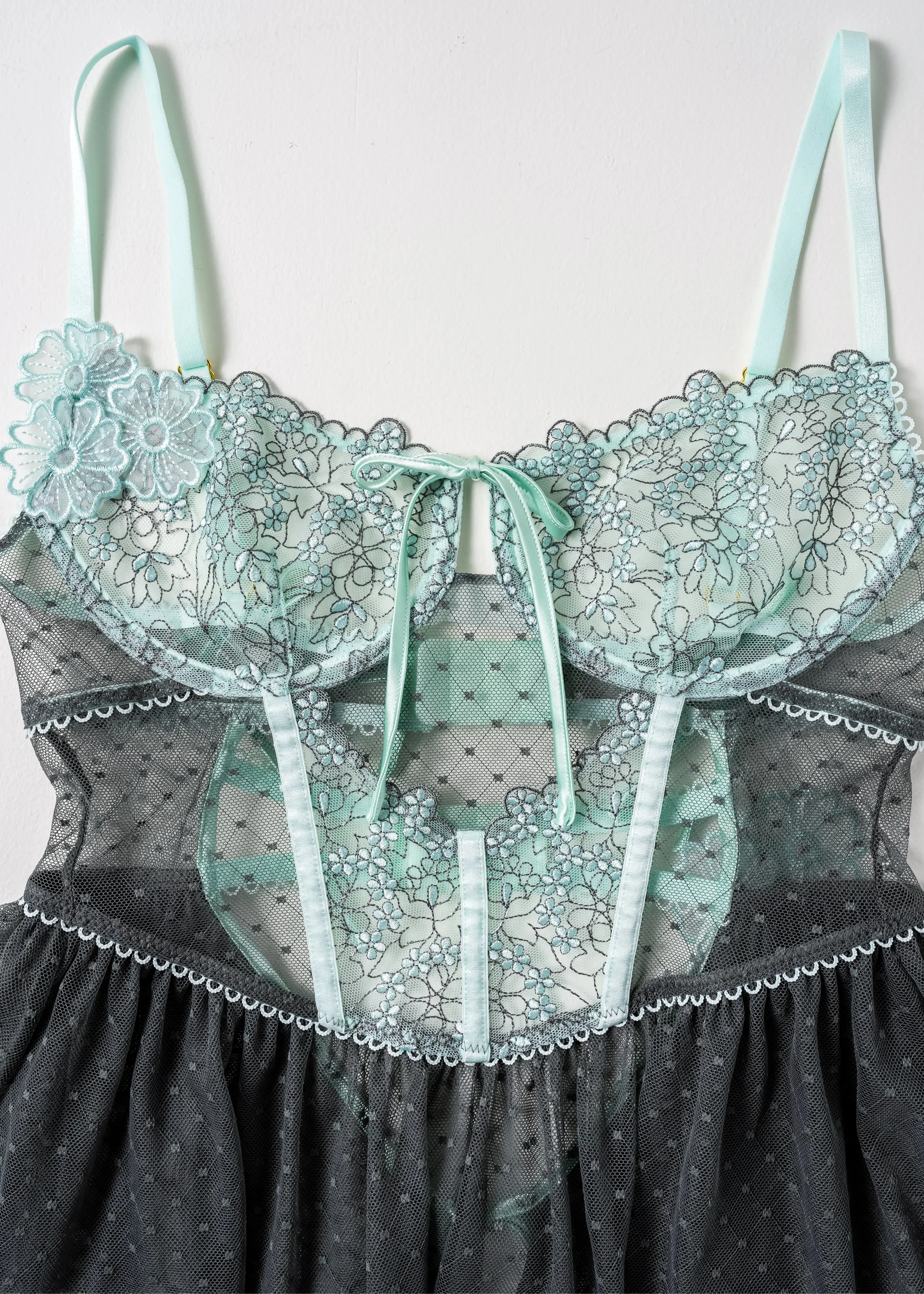Embroidered Bustier Tiered Babydoll - Mint Julep