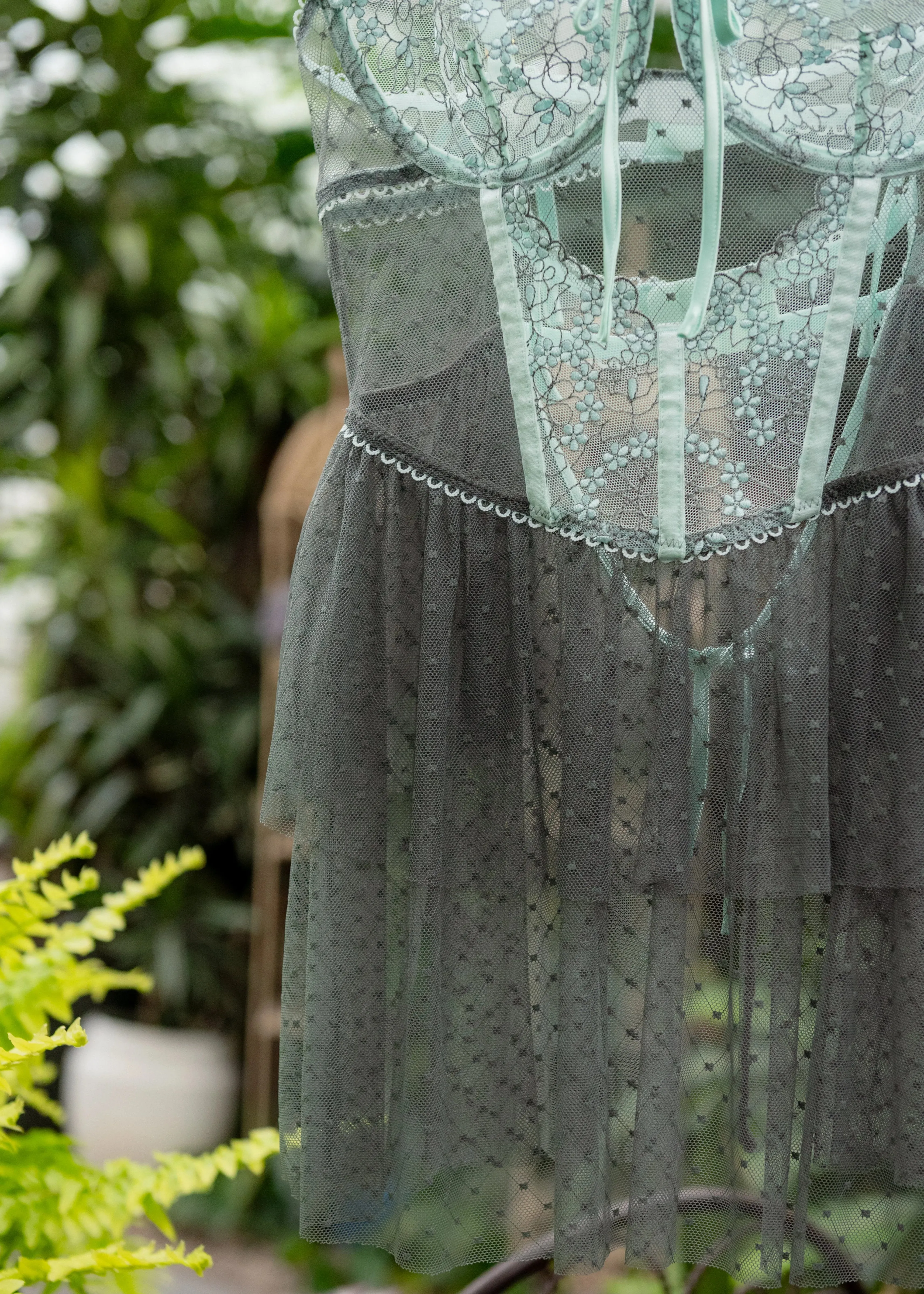 Embroidered Bustier Tiered Babydoll - Mint Julep