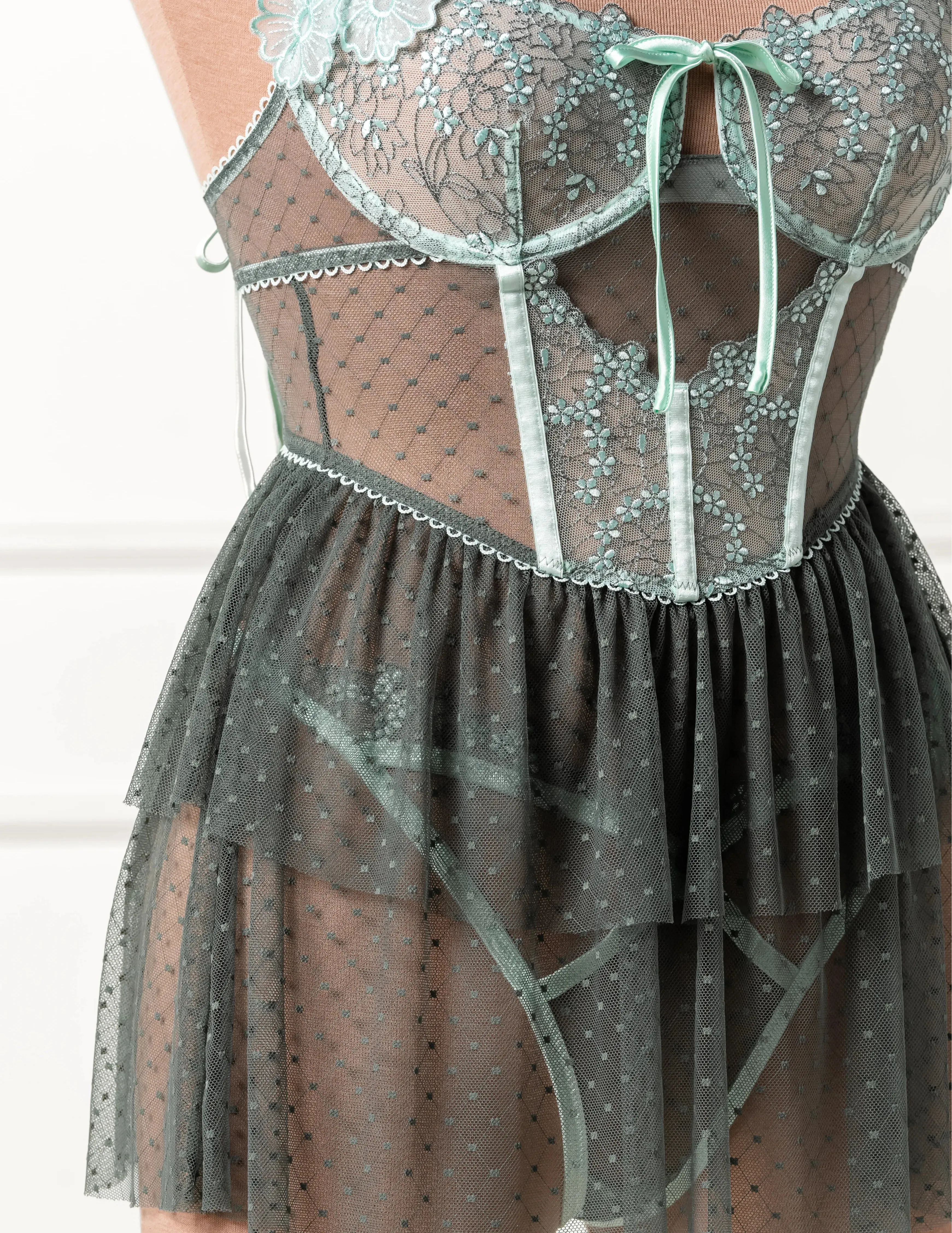Embroidered Bustier Tiered Babydoll - Mint Julep