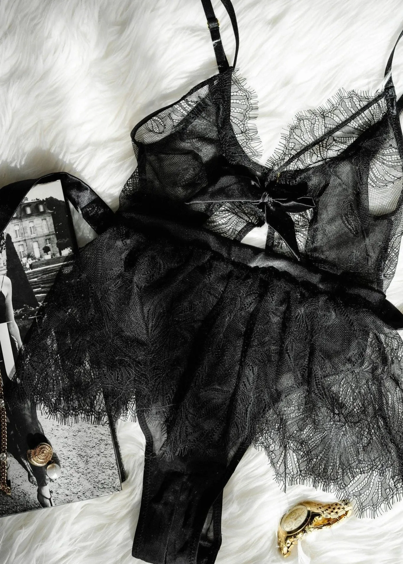Eyelash Lace Crotchless Teddy - Black