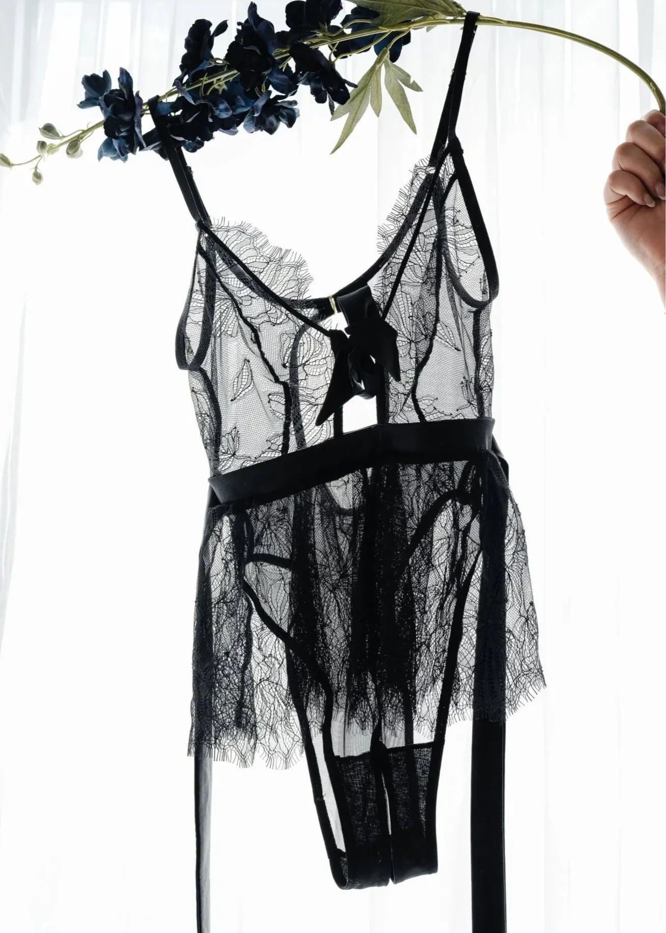 Eyelash Lace Crotchless Teddy - Black
