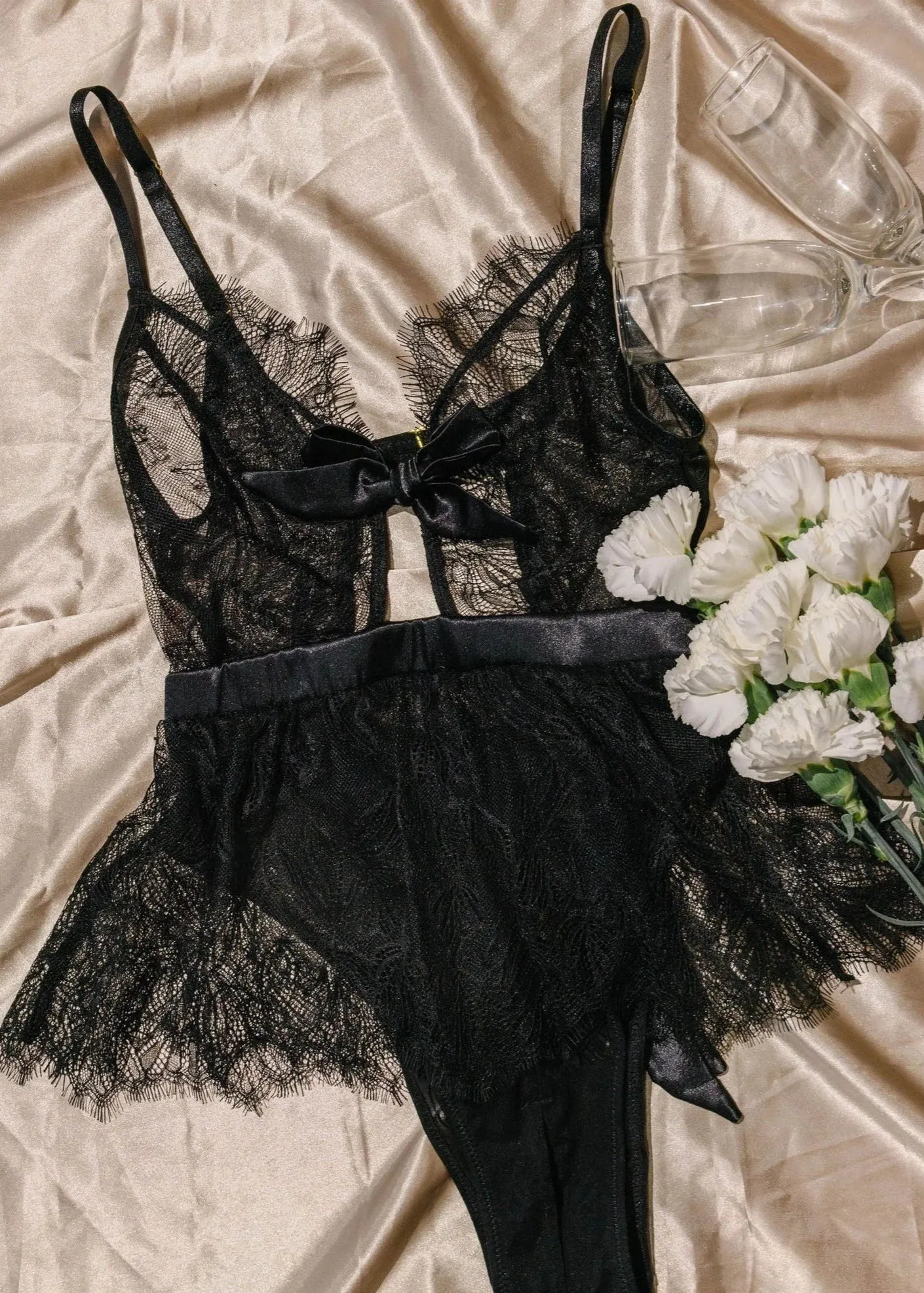 Eyelash Lace Crotchless Teddy - Black