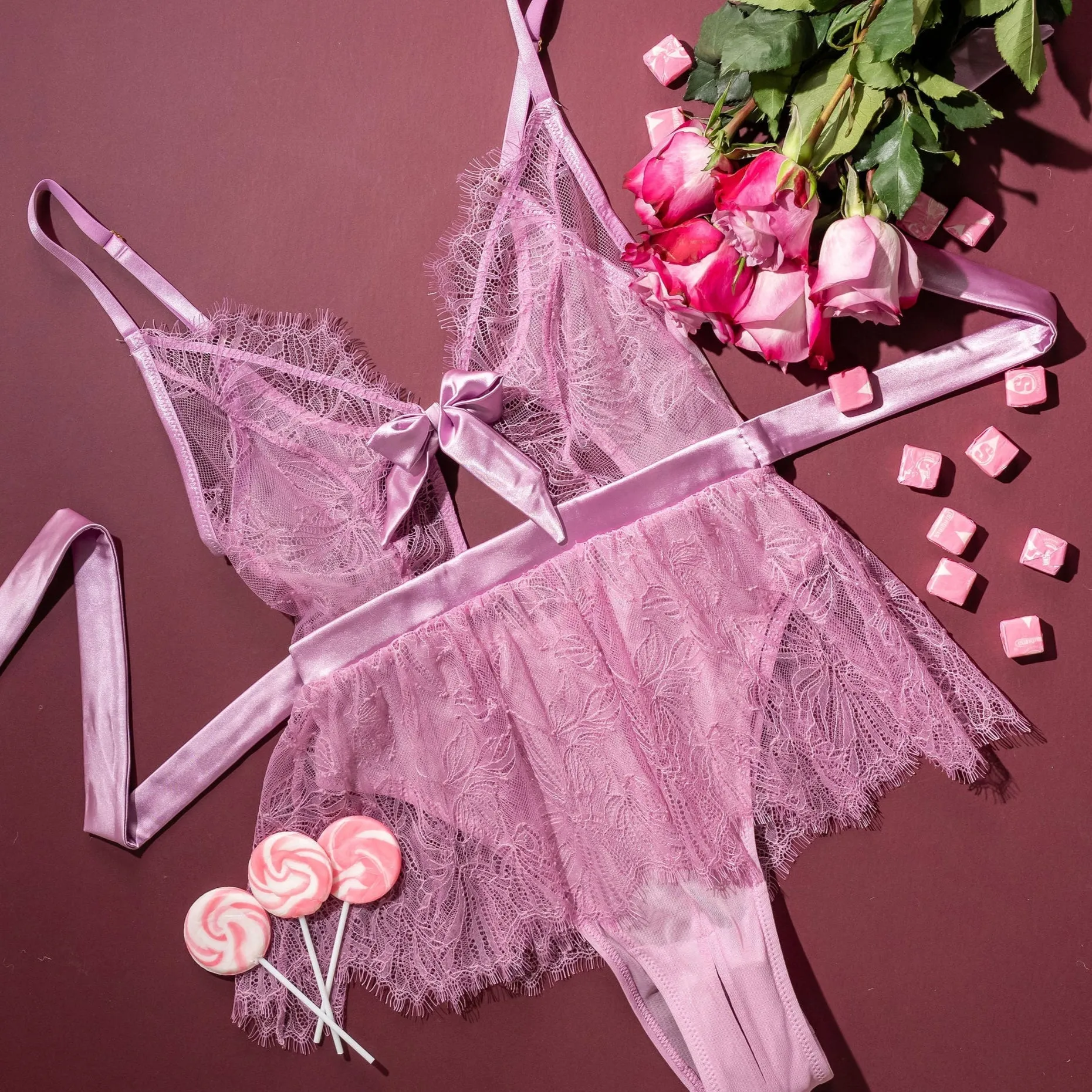 Eyelash Lace Crotchless Teddy - Lilac