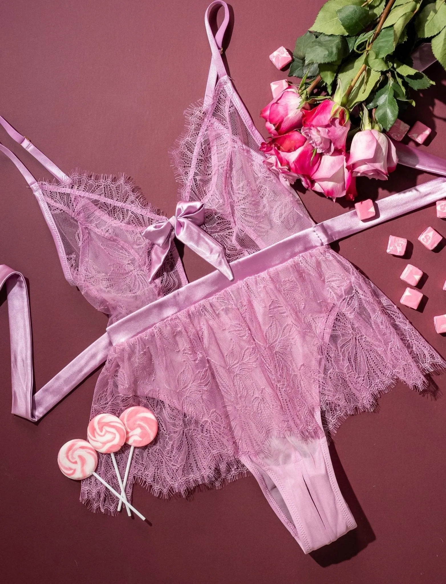 Eyelash Lace Crotchless Teddy - Lilac