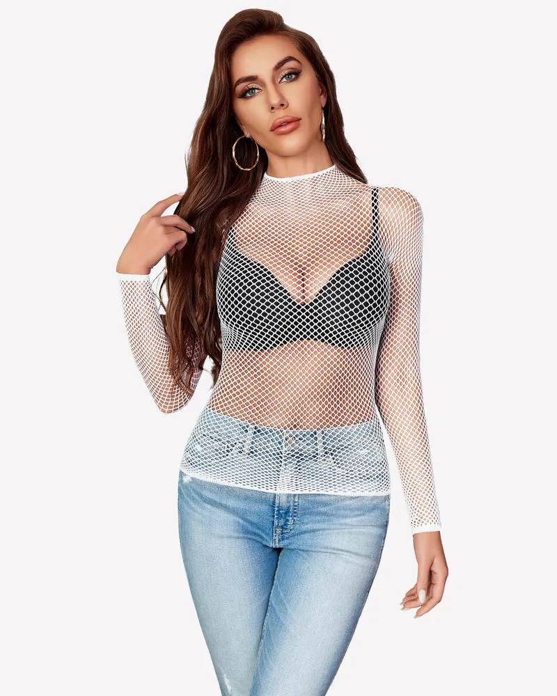 Fishnet Mesh Long Sleeve Tops