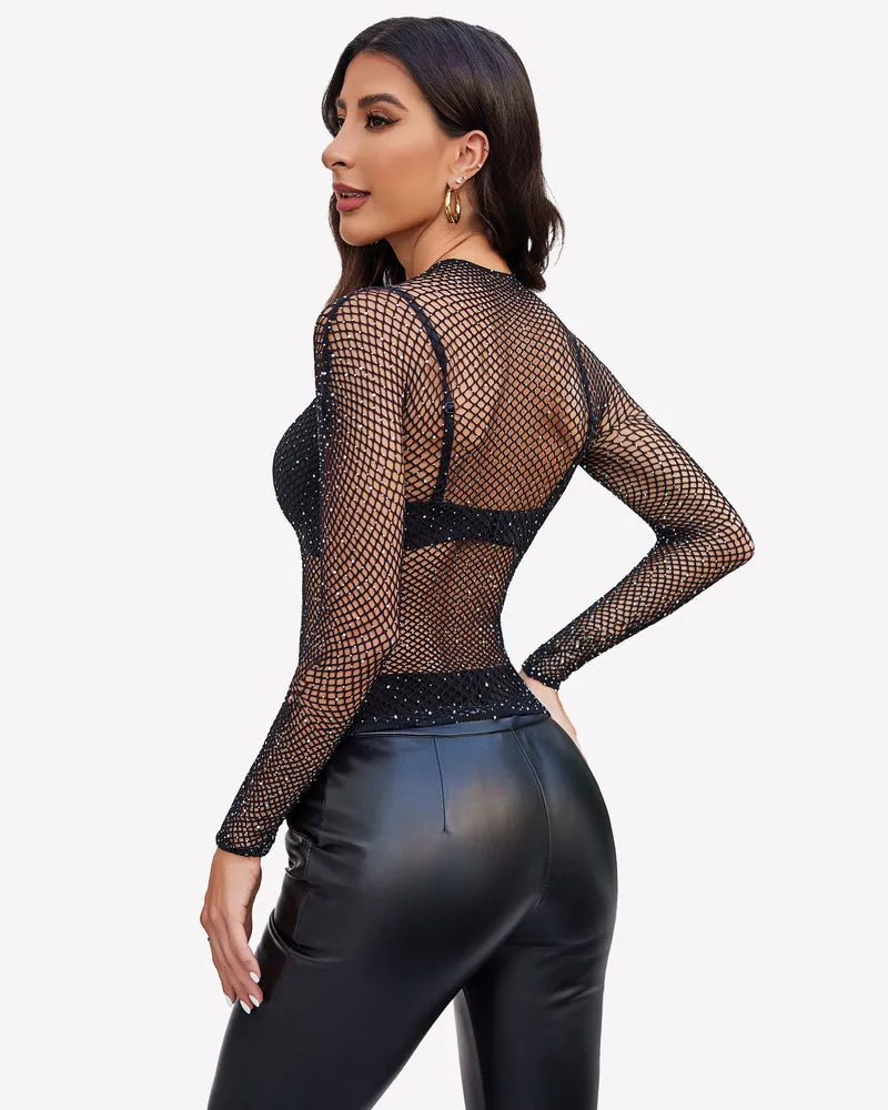 Fishnet Mesh Long Sleeve Tops