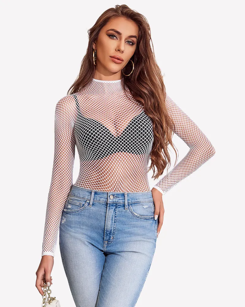 Fishnet Mesh Long Sleeve Tops