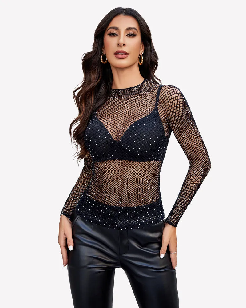 Fishnet Mesh Long Sleeve Tops