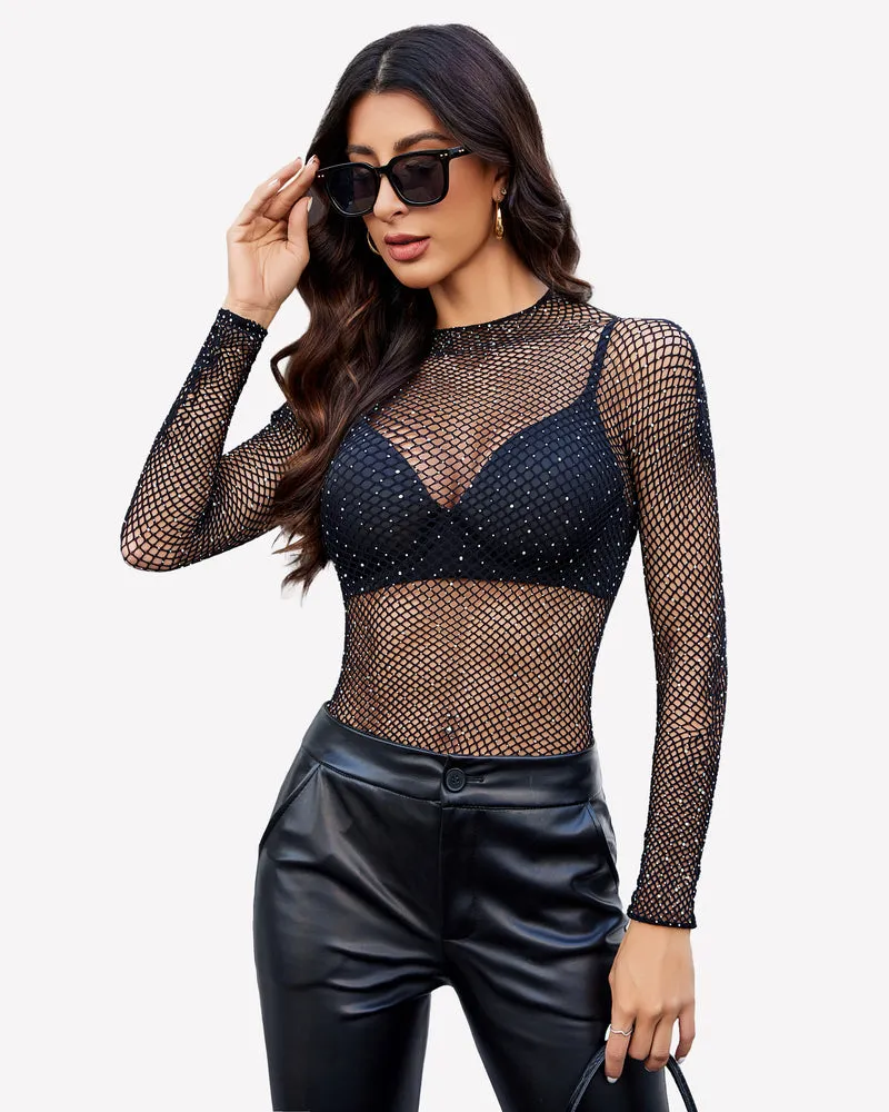 Fishnet Mesh Long Sleeve Tops