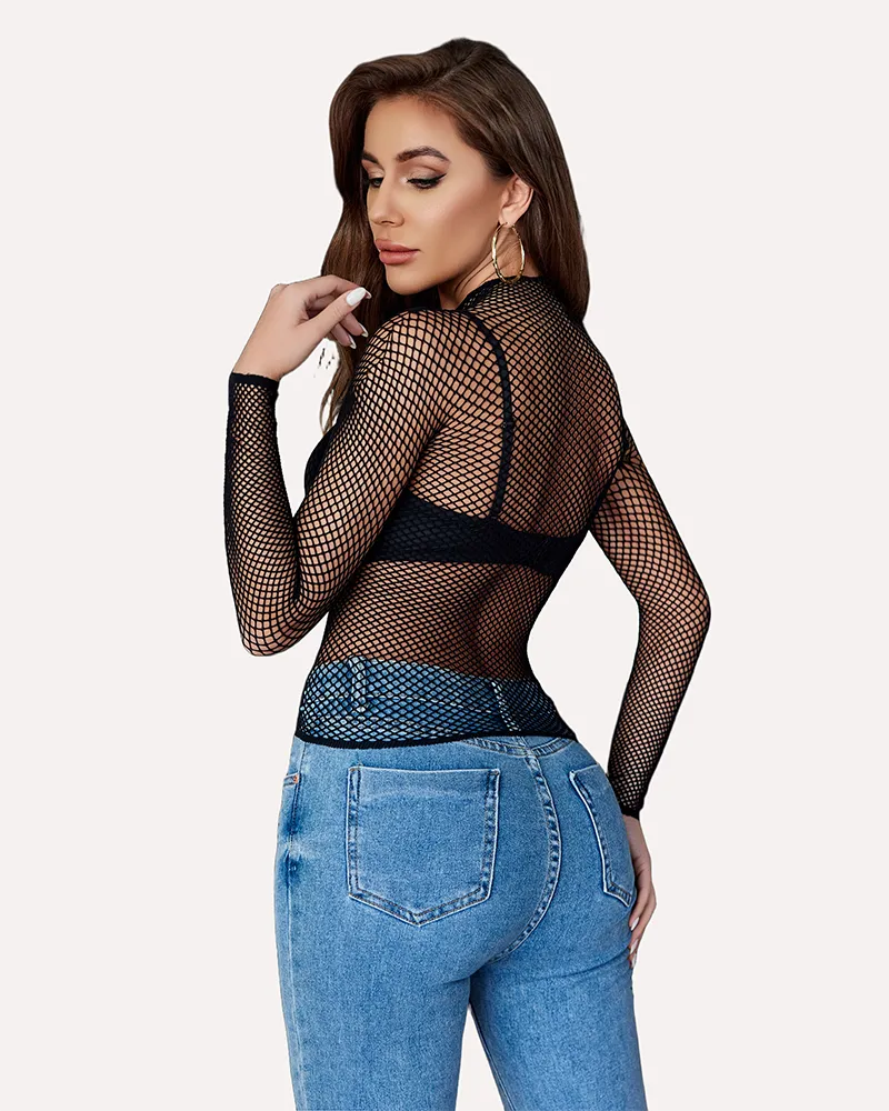 Fishnet Mesh Long Sleeve Tops