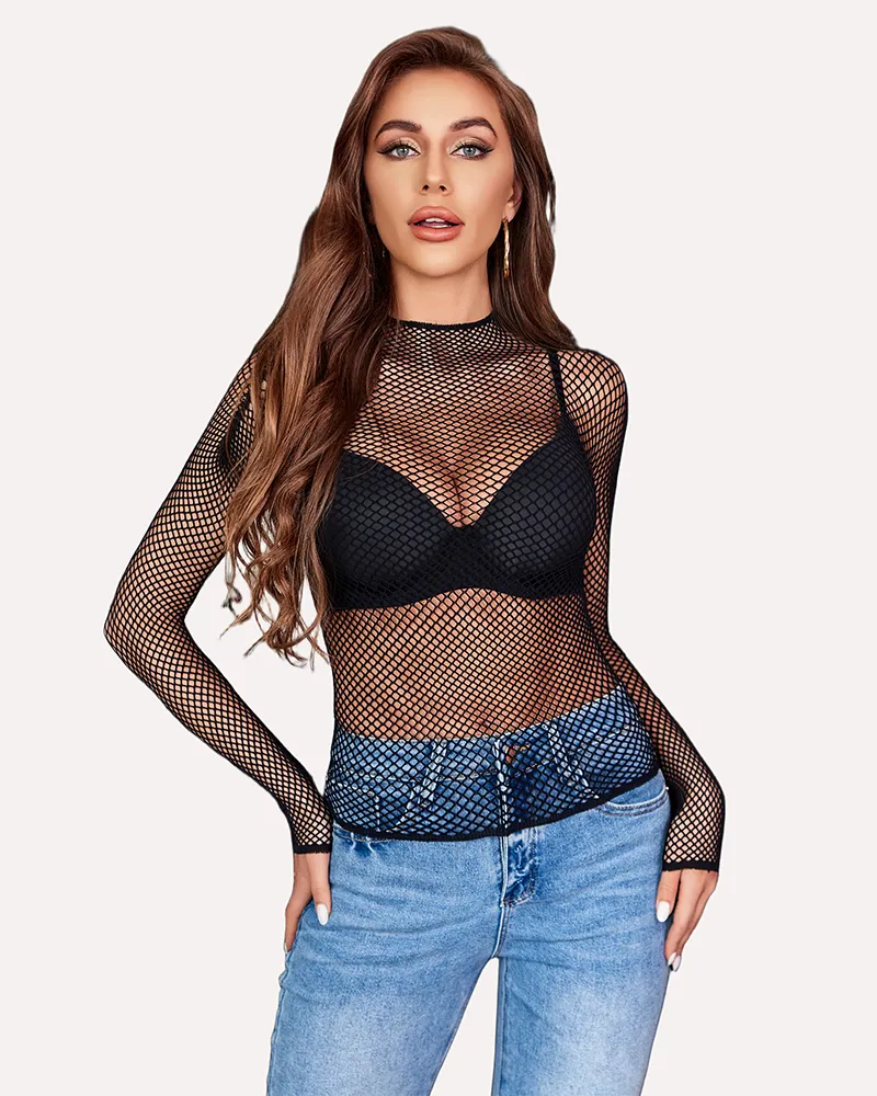 Fishnet Mesh Long Sleeve Tops