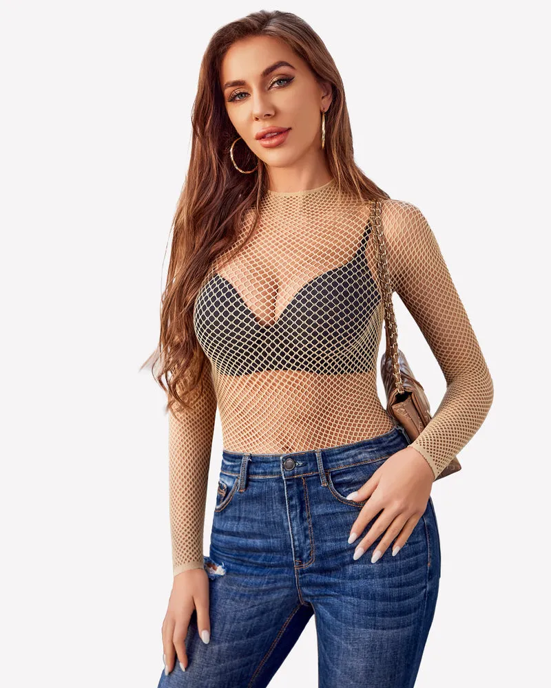 Fishnet Mesh Long Sleeve Tops