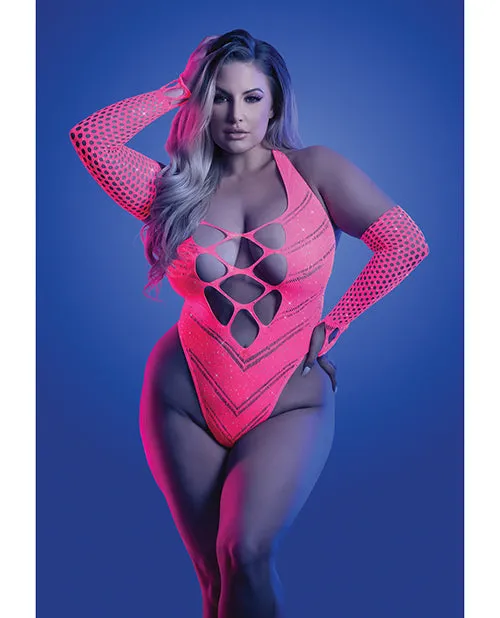 Glow in the Dark Flashback Black Light Reactive Rhinestone Teddy with Gloves – Neon Pink