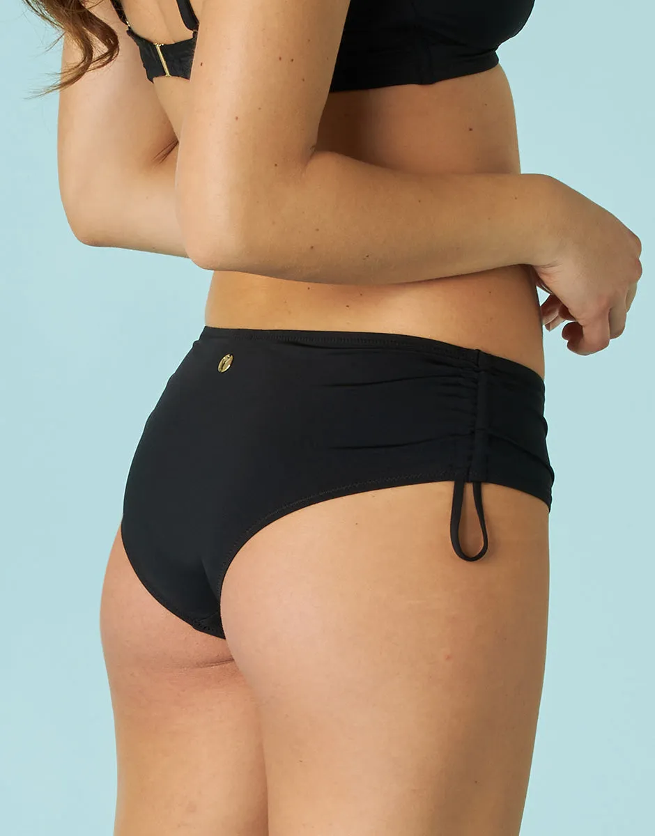 High-Waisted Bikini Bottom with Drawstring Essential Micro in Black Microfiber
