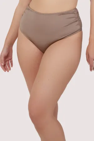 Jade Taupe Neutral High Waist High Leg Ruched Bikini Bottom