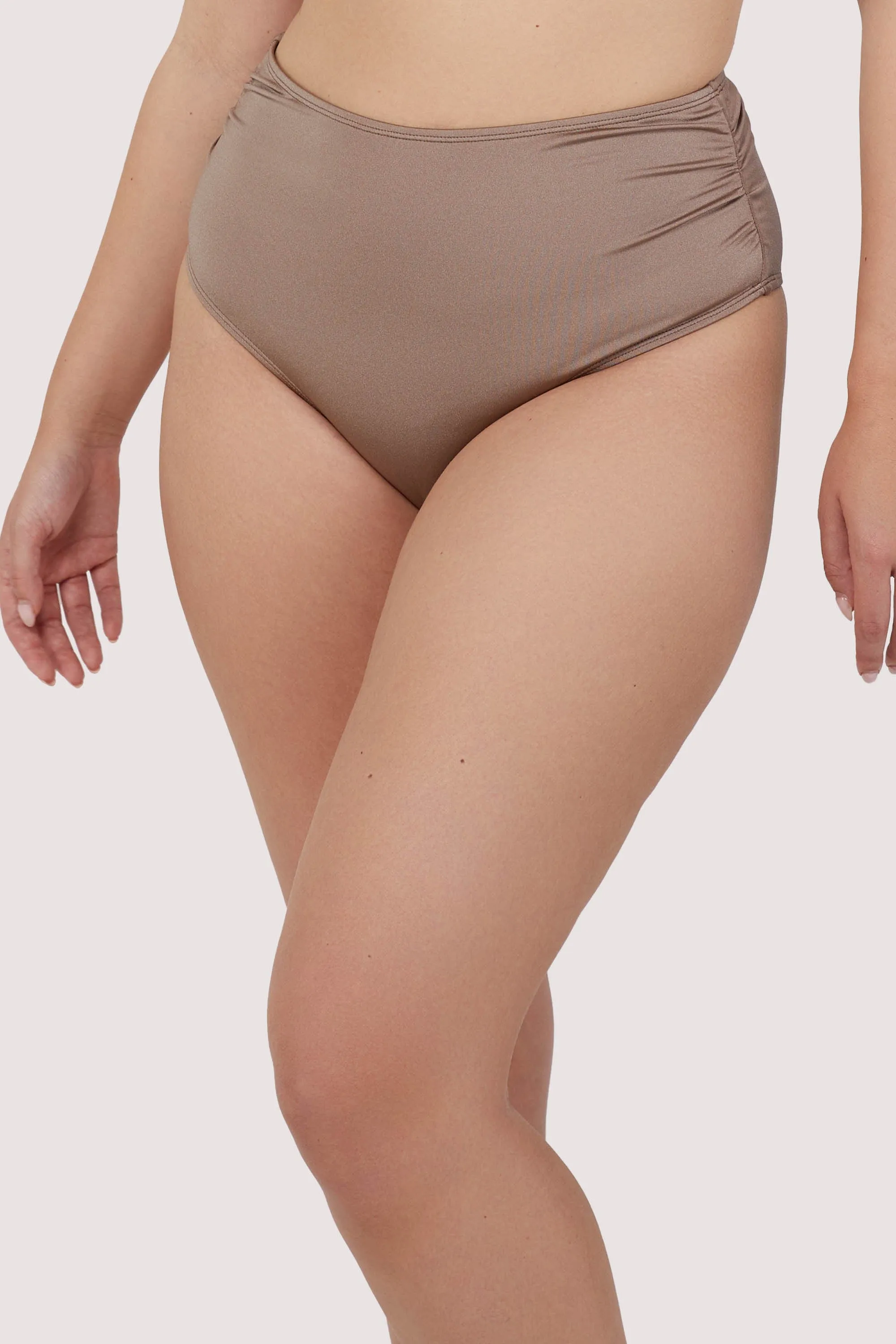 Jade Taupe Neutral High Waist High Leg Ruched Bikini Bottom