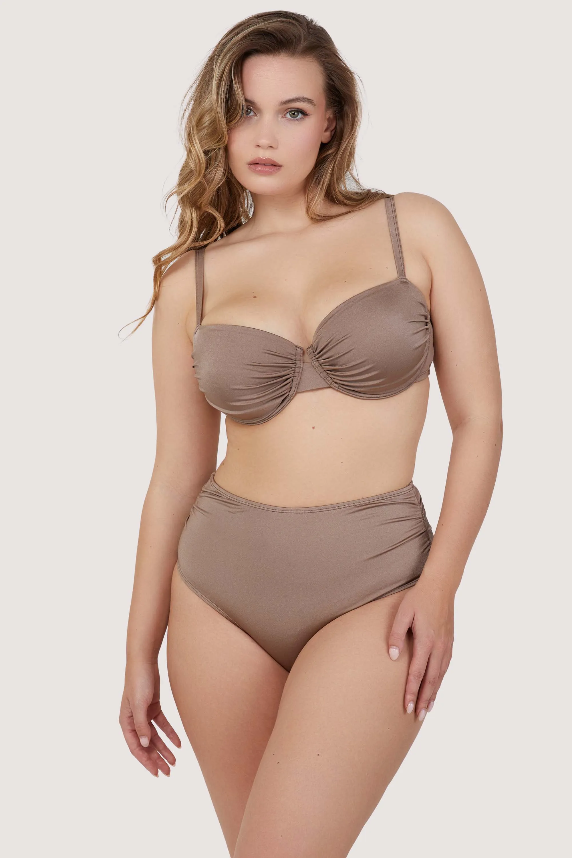 Jade Taupe Neutral High Waist High Leg Ruched Bikini Bottom