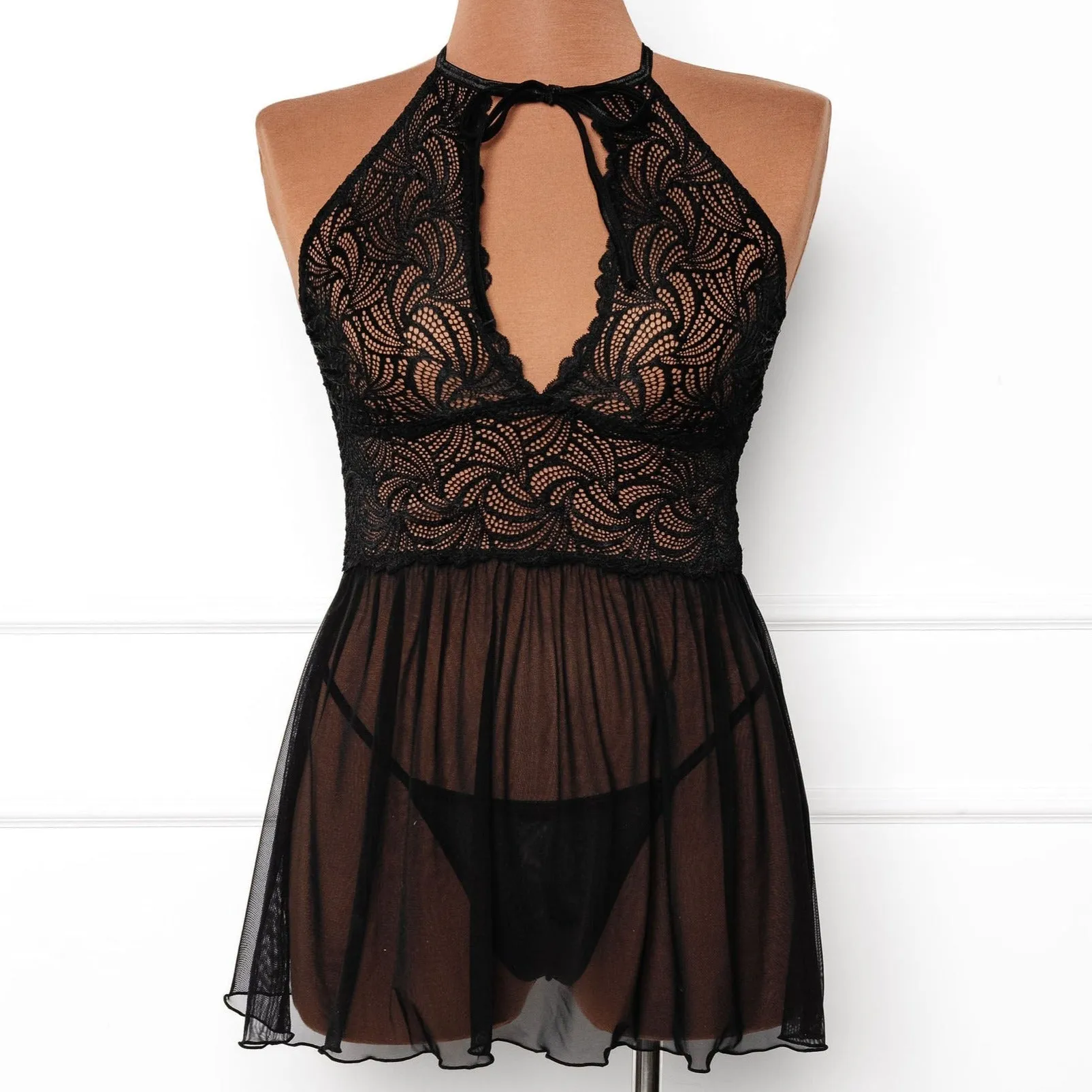Lace & Mesh Keyhole Babydoll - Black