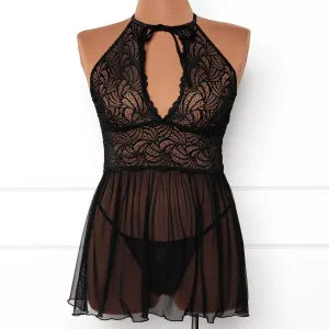 Lace & Mesh Keyhole Babydoll - Black