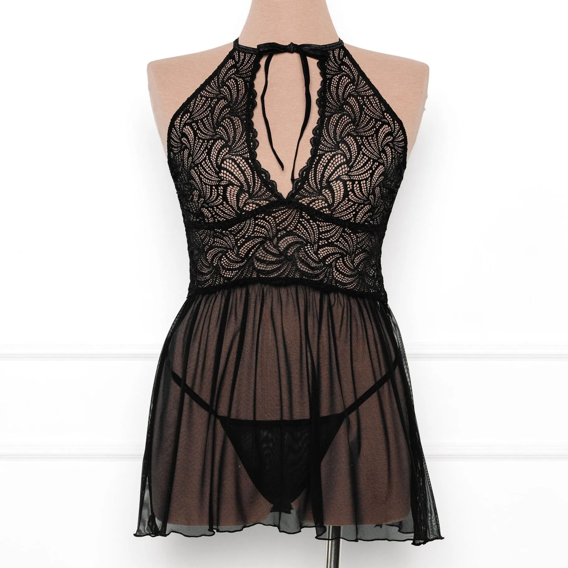 Lace & Mesh Keyhole Babydoll - Black