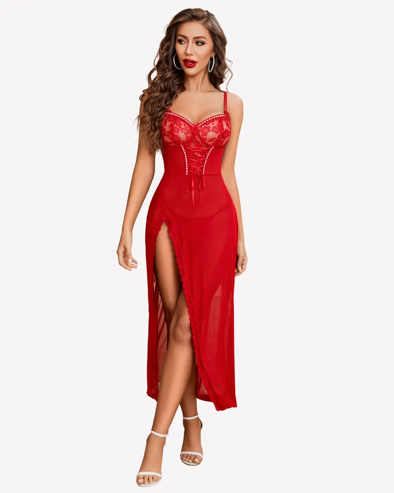 Lace Chemise Mesh Side Split Nightdress