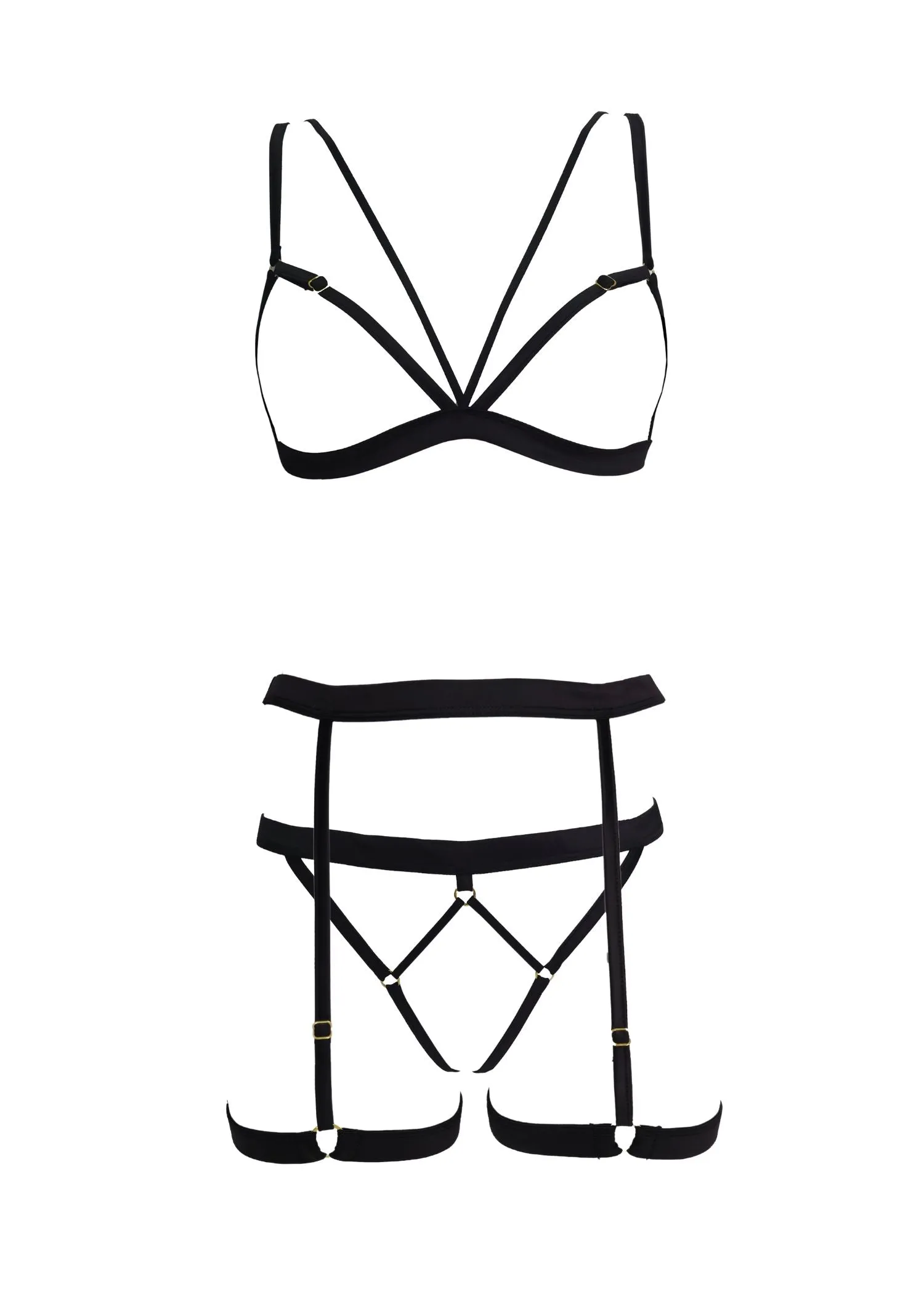LINES Bra. Thong & Suspender Set (Black)
