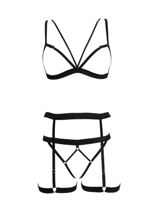 LINES Bra. Thong & Suspender Set (Black)