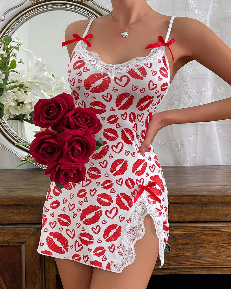 Lip Heart Print Lace Trim Chemise