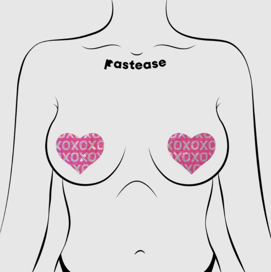 Love: Shattered Glass Disco Ball Pink with White XO Heart Nipple Pasties