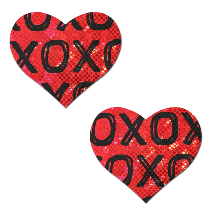 Love: Shattered Glass Disco Ball Red with Black XO Heart Nipple Pasties