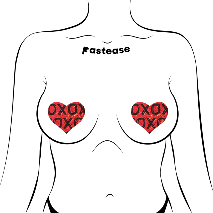 Love: Shattered Glass Disco Ball Red with Black XO Heart Nipple Pasties
