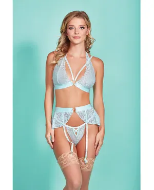 Mercedes Dross Dyed Galloon Lace Strappy Halter Bra. Garter Skirt & G-string Light Blue