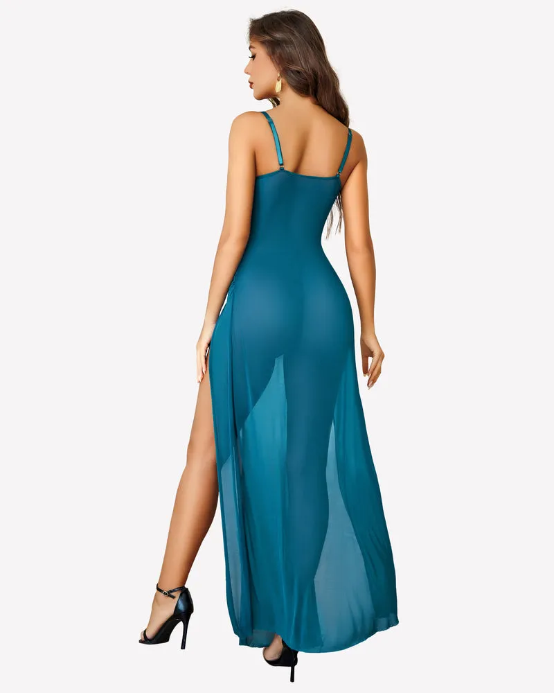 Mesh Floral Slit Pleated Dress with Underwire