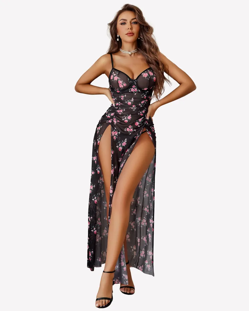 Mesh Floral Slit Pleated Dress with Underwire