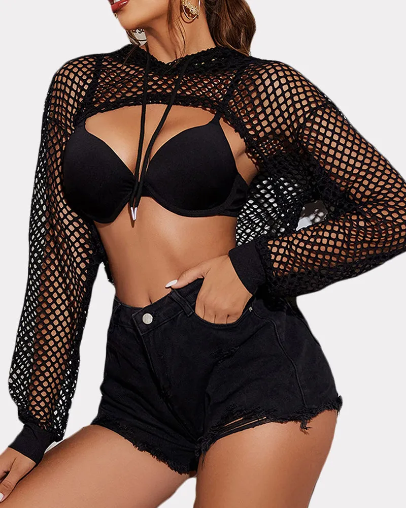 Mesh Hoodie Crop Top Fishnet Shirt (DE Only)