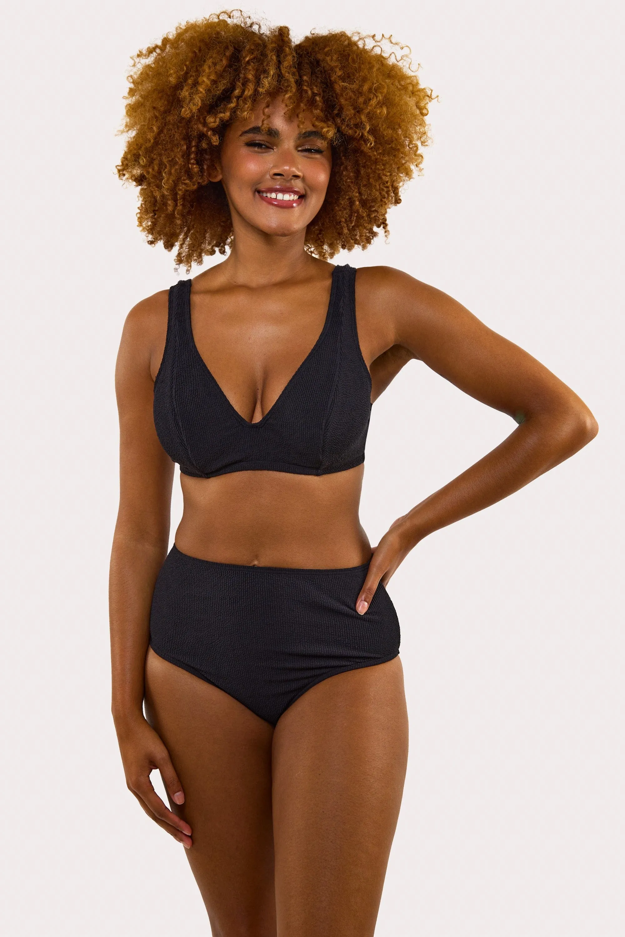 Mila Black Textured High Waisted Bikini Bottom