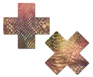 Plus X: Gold Holographic Snake Print on Pastel Tie-Dye Cross Nipple Pasties