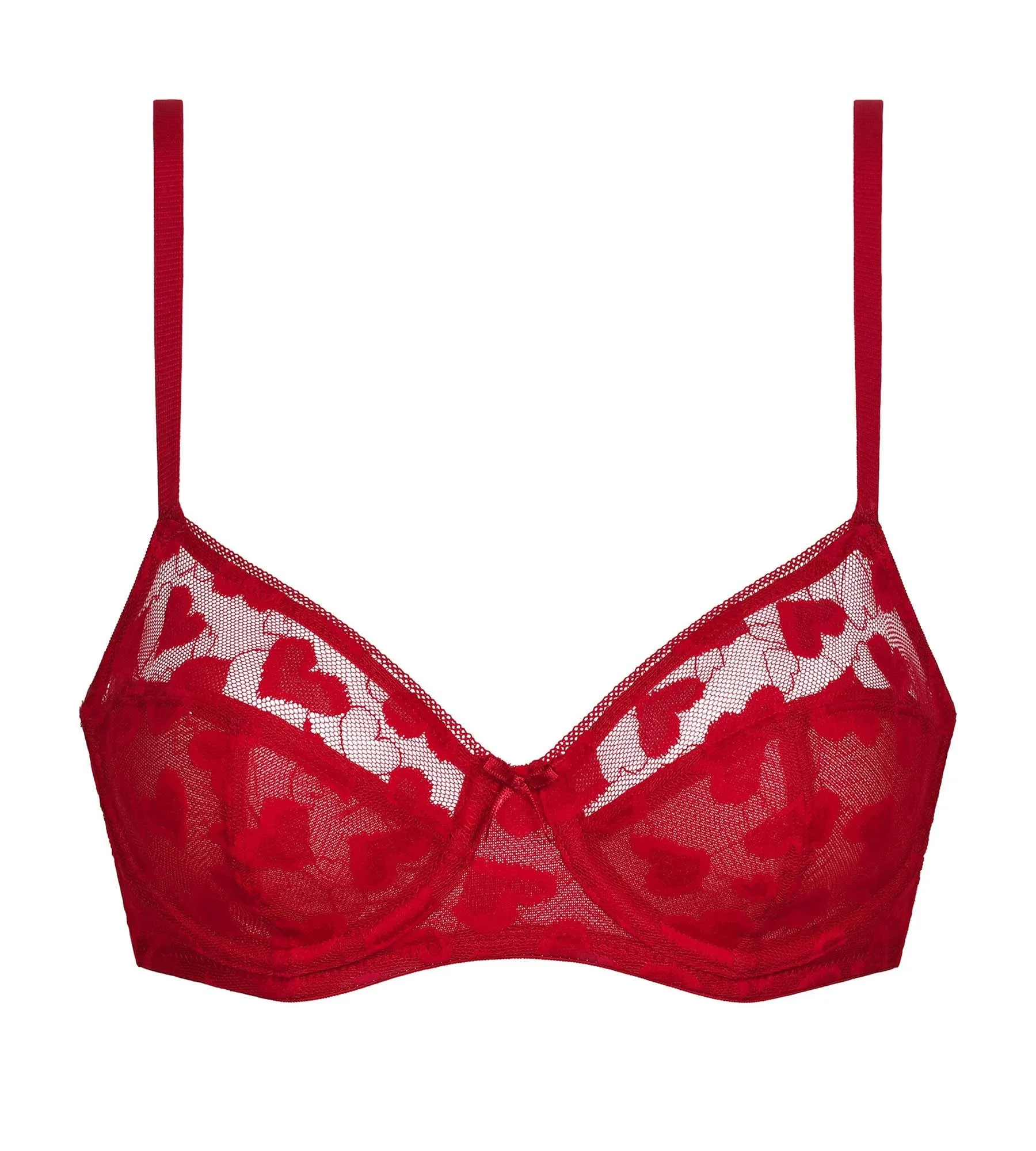 Red tulle underwired push-up bra with Dim Coeur pattern