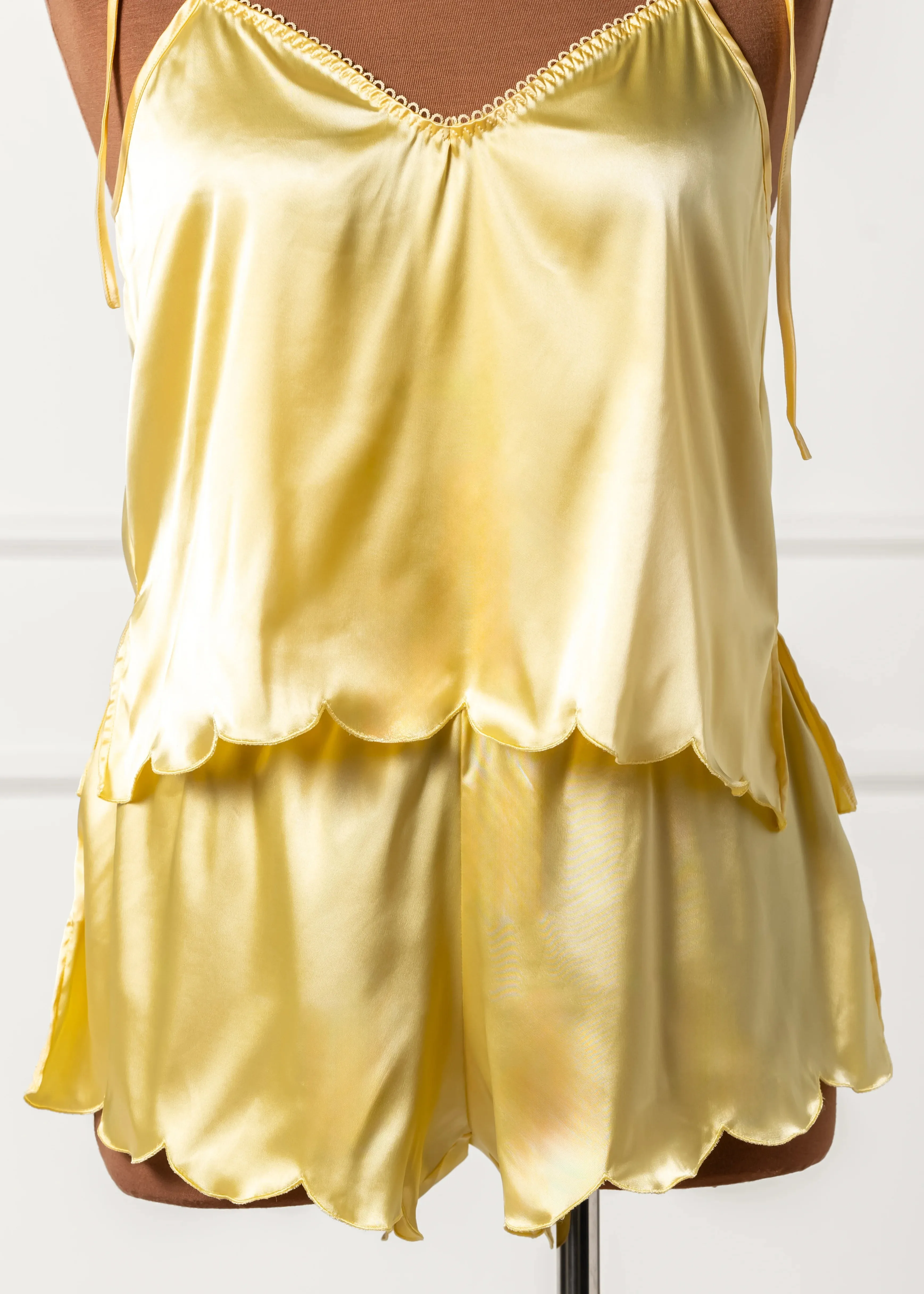 Scalloped Embroidered Satin Shorts - Lemon Chiffon