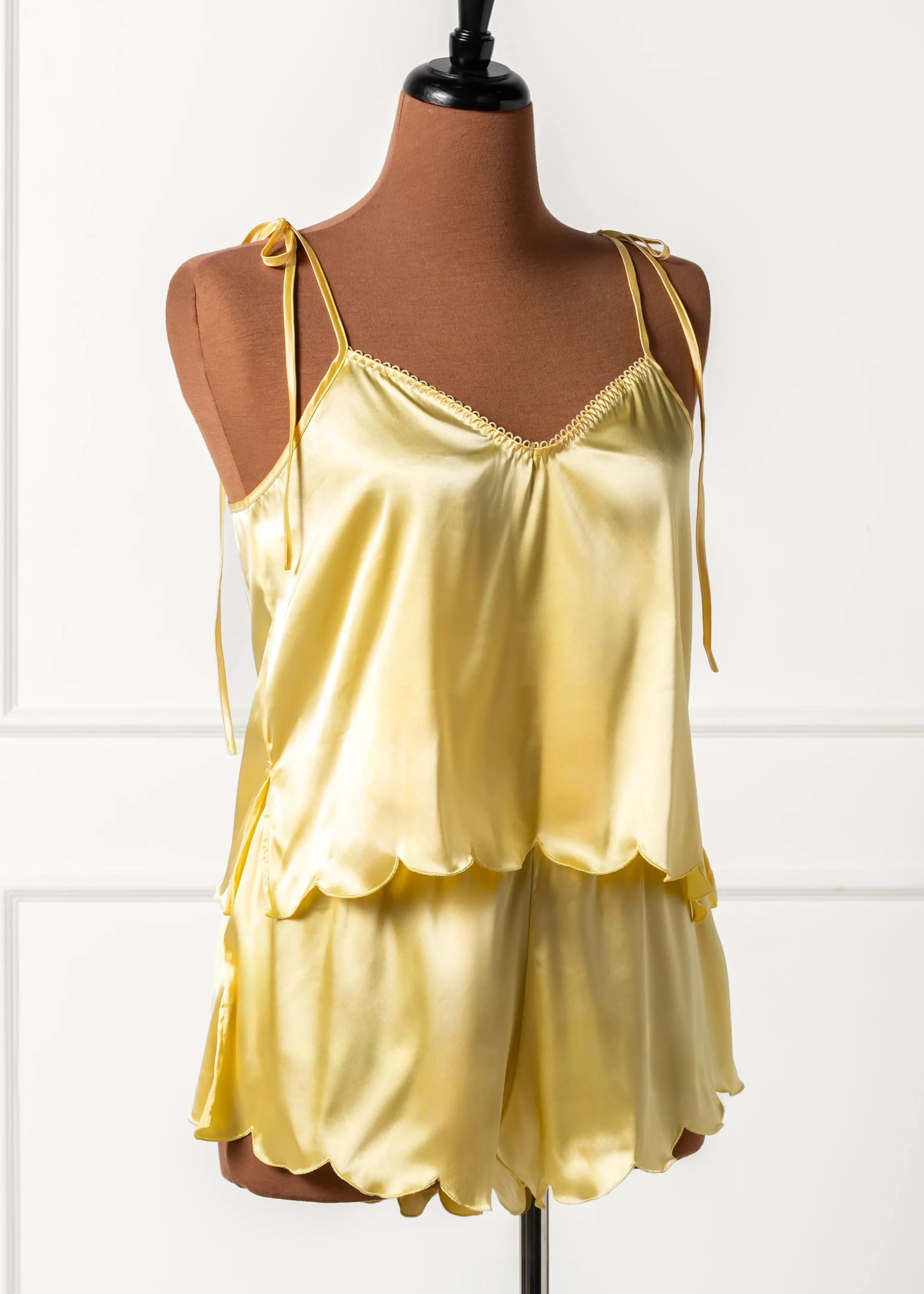 Scalloped Embroidered Satin Shorts - Lemon Chiffon